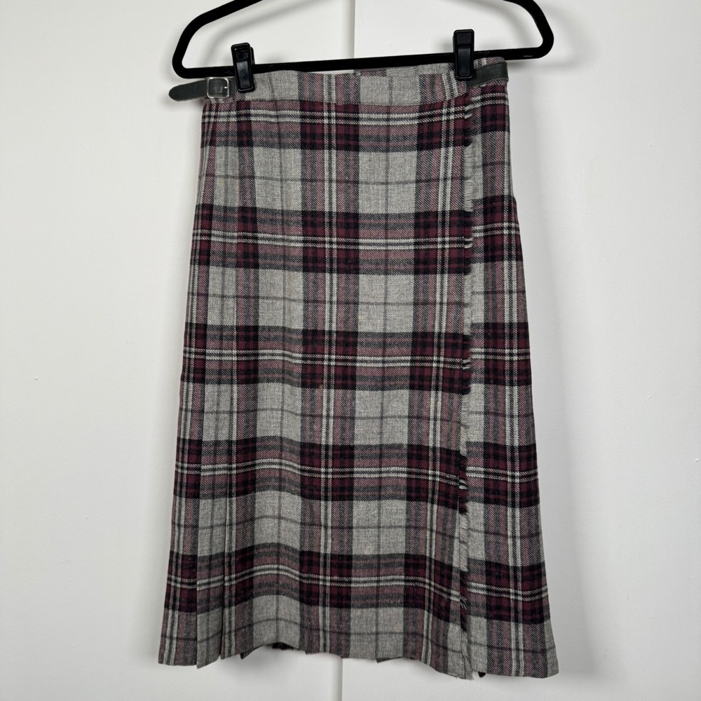 Vintage Pure New Wool Plaid Kilt Skirt Grey Burgundy Made in UK Adjustable 28-30